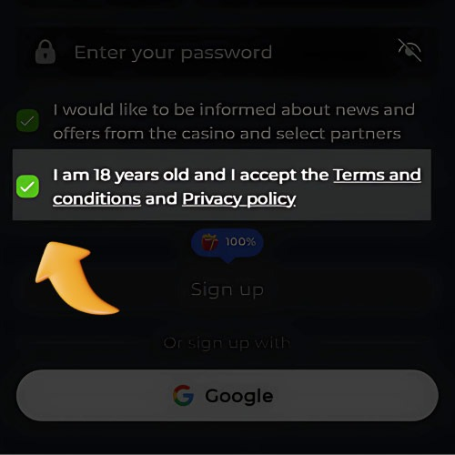 Registration form with terms and privacy policy checkboxes