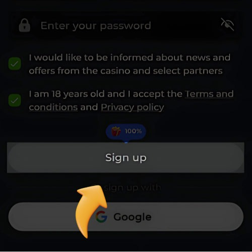 Registration form with sign up to account button