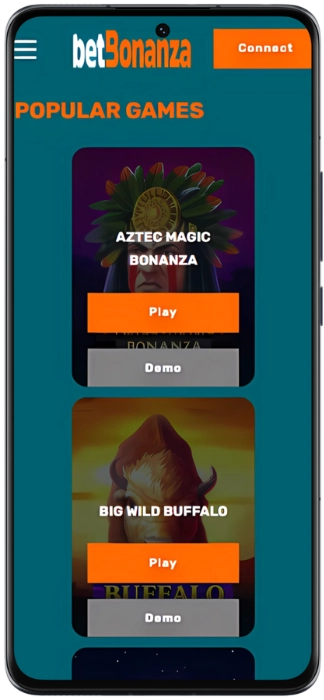 Mobile casino lobby with Aztec Magic Bonanza